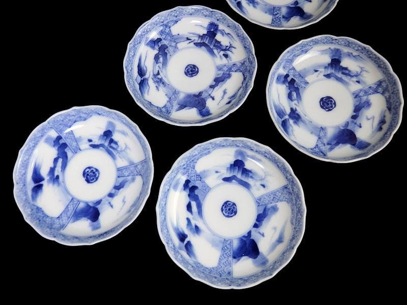 平戸　伊万里　立正堂製　割絵　山水紋の図　4寸皿　５枚　D083AS-DBi