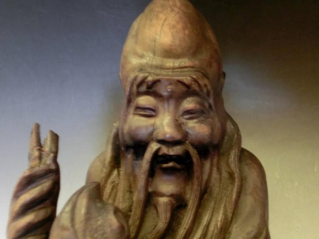 置物●古い人物像 唐木彫り 寿老人 桃持ち オブジェ 古美術 時代物 骨董品■