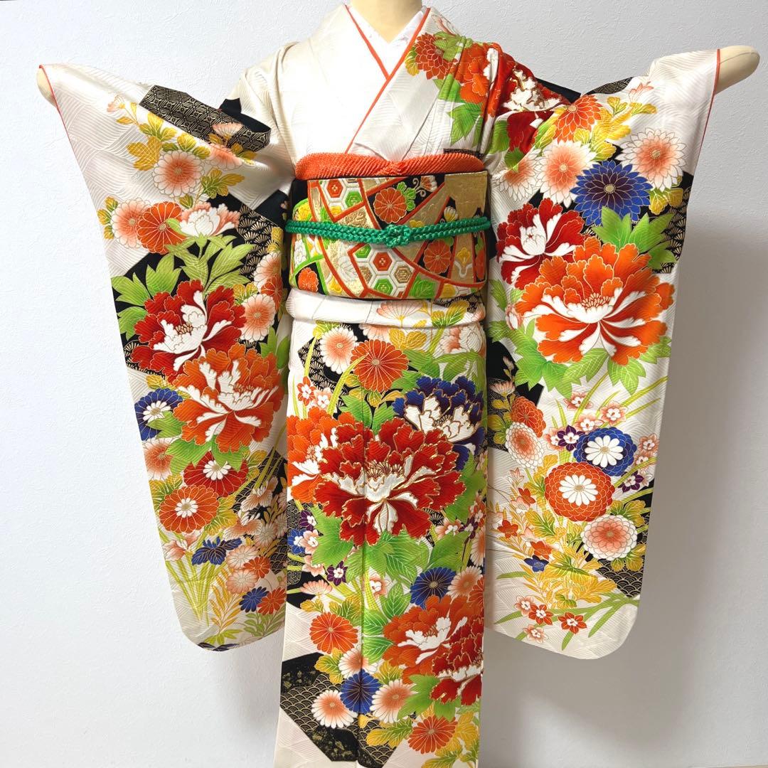 405 振袖フルセット 正絹 白 橙 黒 緑 金彩 駒刺繍 カラフル レトロ