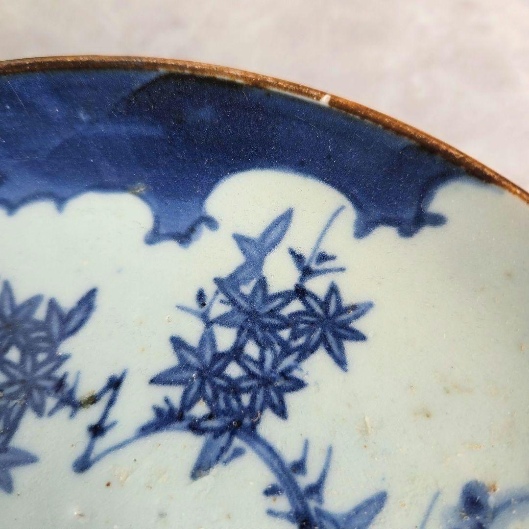 古伊万里　染付六寸皿　江戸時代　型紙摺　コンニャク印判　金直し　金継ぎ　骨董