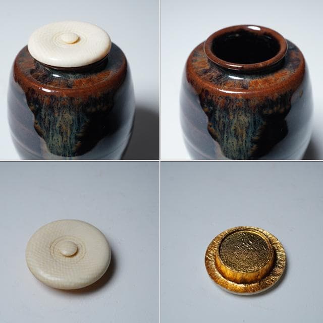 万代喜山　肩衝茶入　共箱　仕服：珠光緞子　茶道具　濃茶