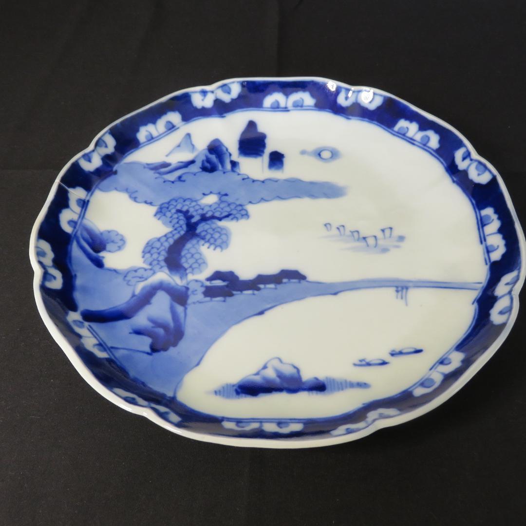 大皿 染付 古伊万里 明治 大正 山水 花文様 家屋 帆船 窯傷 名家 5枚