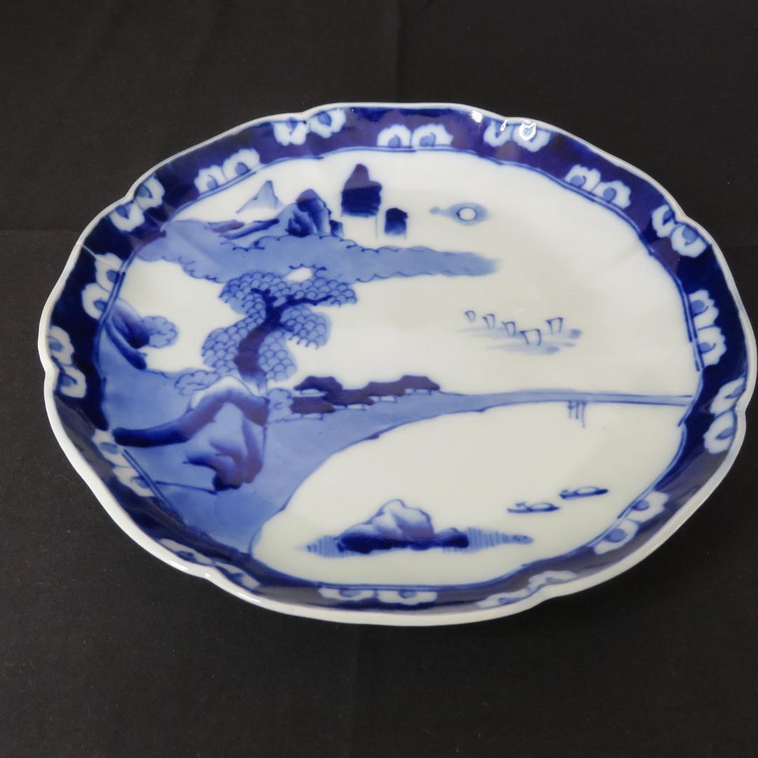 大皿 染付 古伊万里 明治 大正 山水 花文様 家屋 帆船 窯傷 名家 5枚