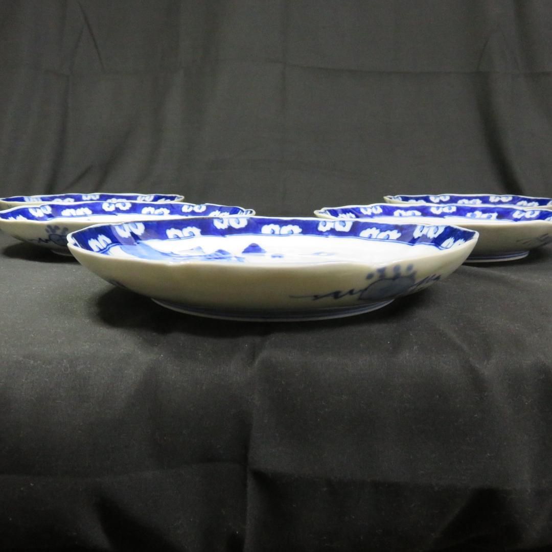 大皿 染付 古伊万里 明治 大正 山水 花文様 家屋 帆船 窯傷 名家 5枚