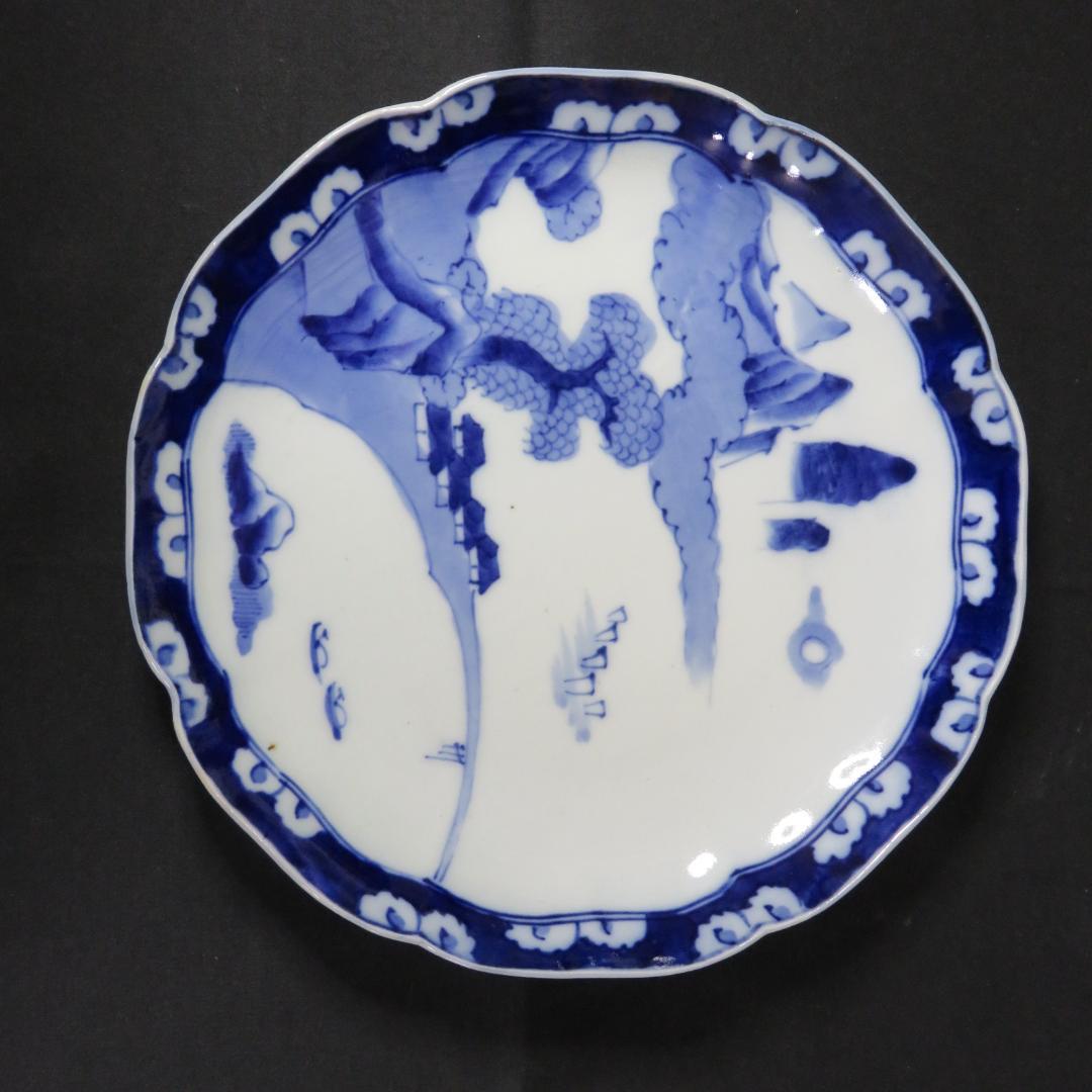 大皿 染付 古伊万里 明治 大正 山水 花文様 家屋 帆船 窯傷 名家 5枚