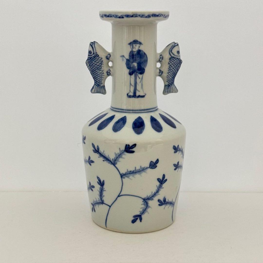 茶道具 九谷 晴山 染付高砂花入 鯉耳 共箱 茶道