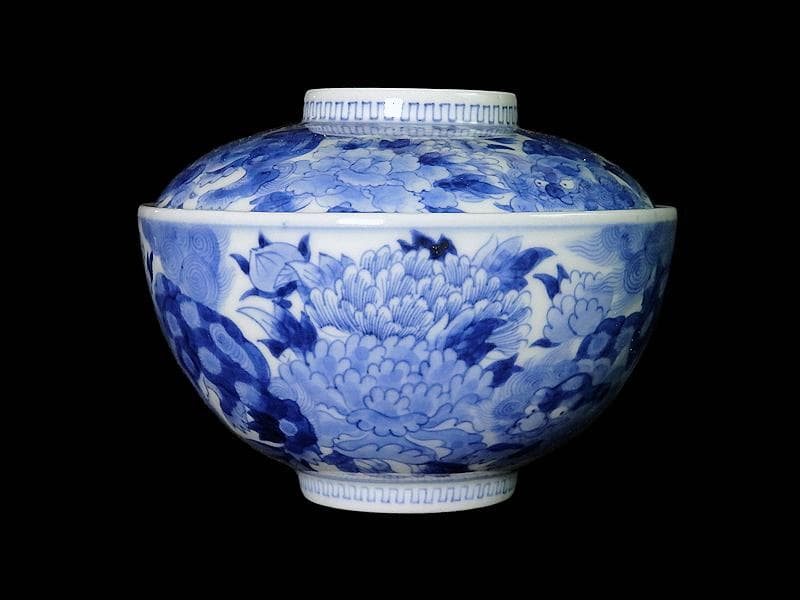 平戸　染付　唐獅子牡丹の図　蓋茶碗　E863AS-COz