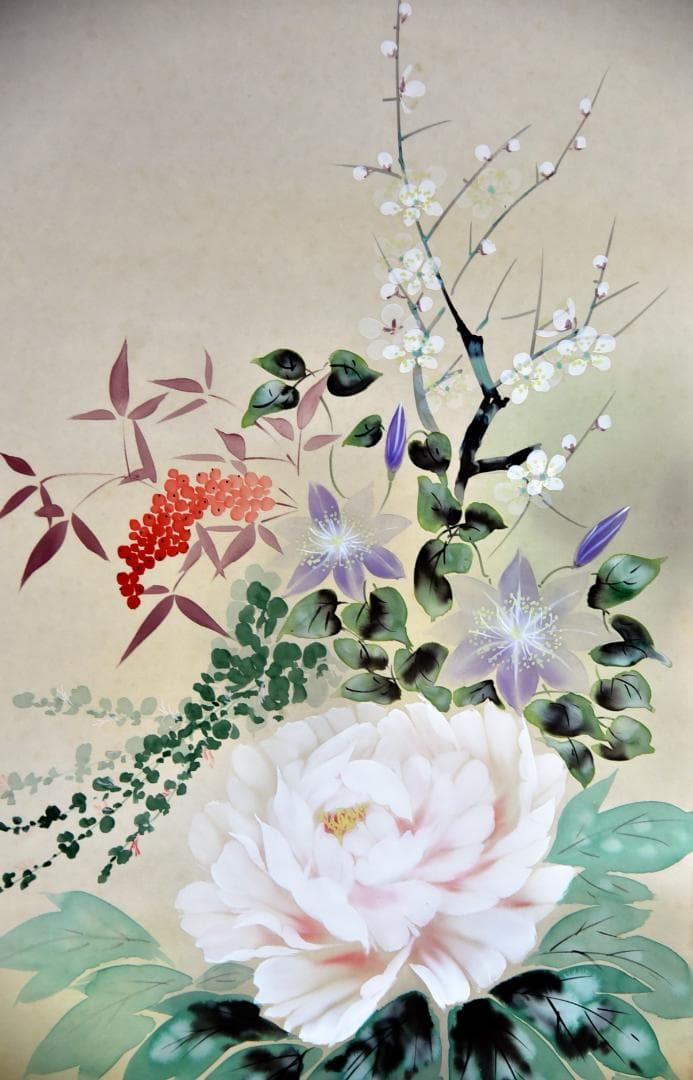 ＮＯ３四季花掛軸　野村石州作　絹本肉筆　共箱