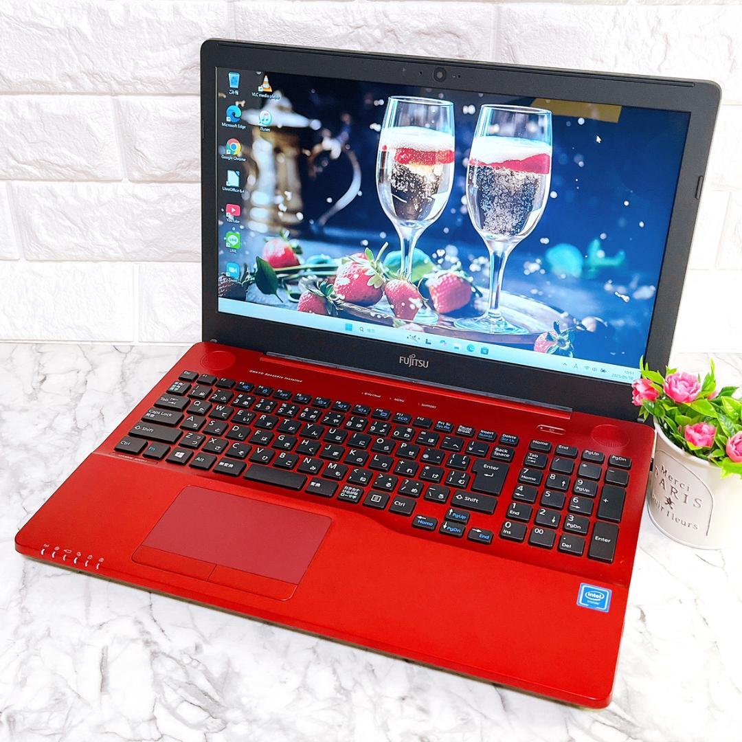 美品✨Windows11✨大容量1TB✨すぐ使えるカメラ付き薄型ノートパソコン赤