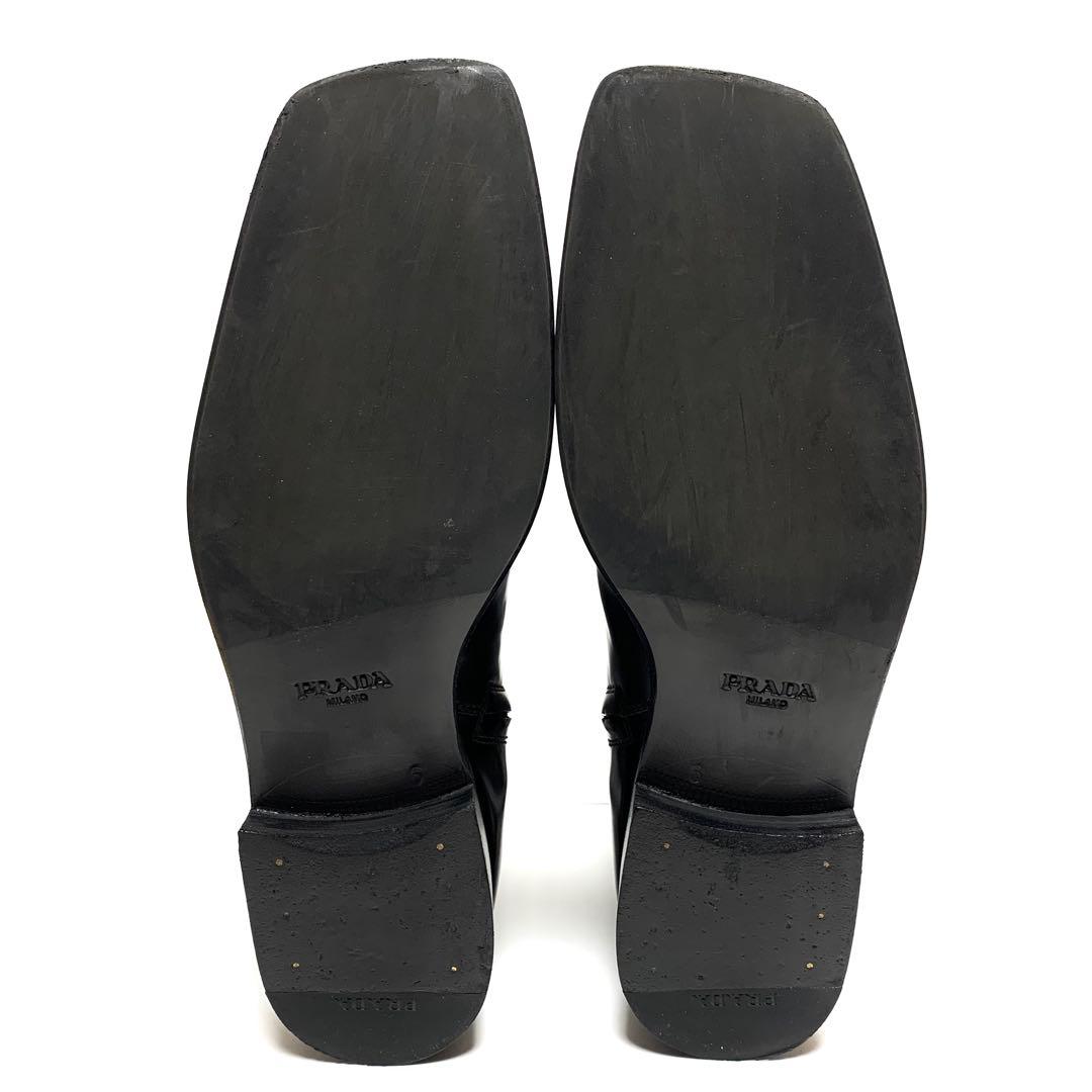 ☆良品 プラダ スクエアトゥ レザー サイドジップ ブーツ 黒 イタリア製 革靴