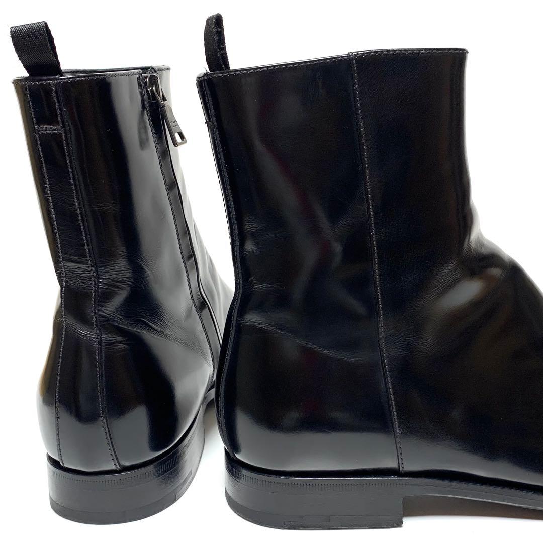 ☆良品 プラダ スクエアトゥ レザー サイドジップ ブーツ 黒 イタリア製 革靴