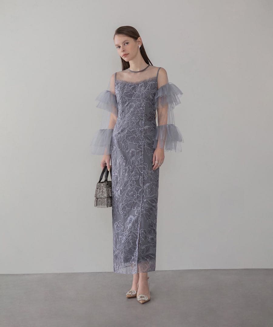 【himawari.】LEJA フリルチュールスリーブレースIラインワンピ