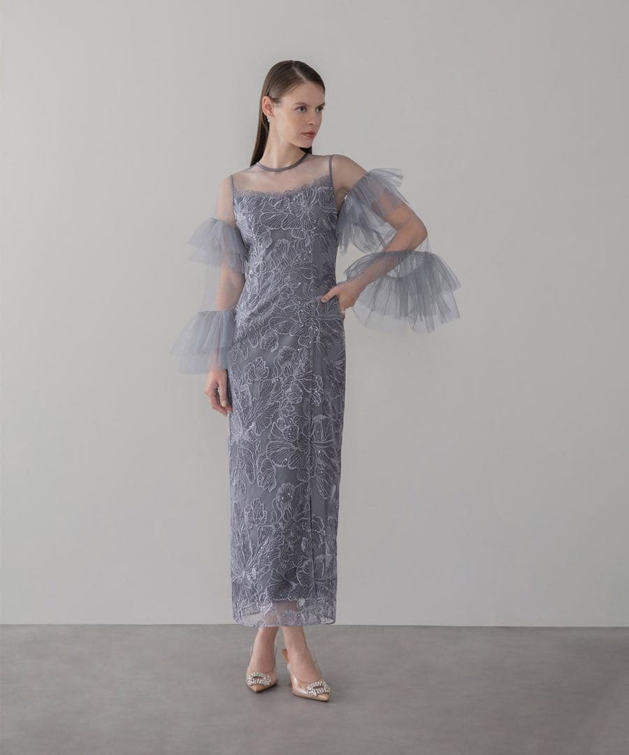 【himawari.】LEJA フリルチュールスリーブレースIラインワンピ