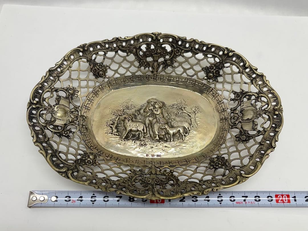 羊飼いと娘 シルバー ディッシュトレイ 銀製 800 刻印 楕円 透かし彫り
