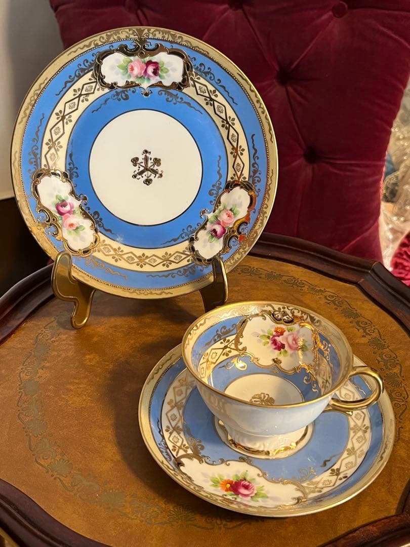美品　オールドノリタケ　マルキ印　青と薔薇の装飾　金彩　ティーセット
