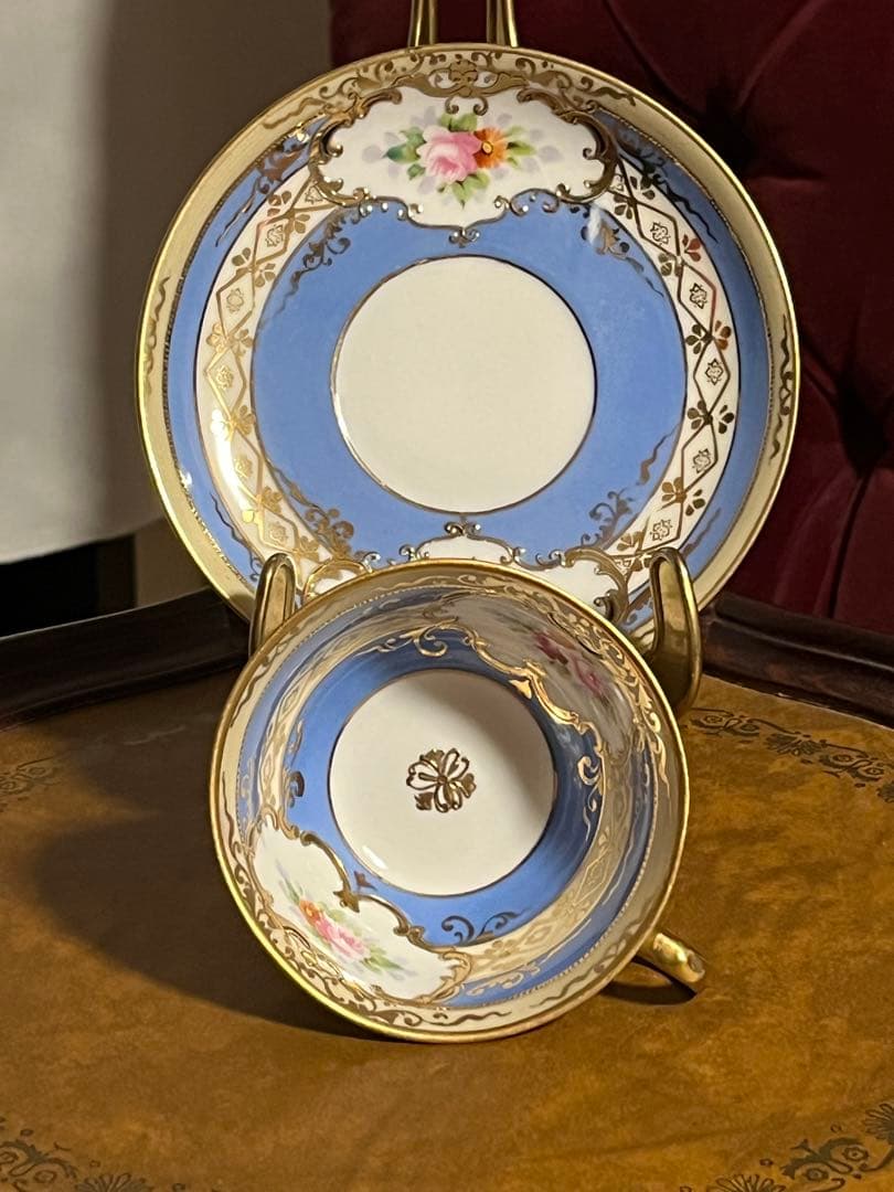 美品　オールドノリタケ　マルキ印　青と薔薇の装飾　金彩　ティーセット