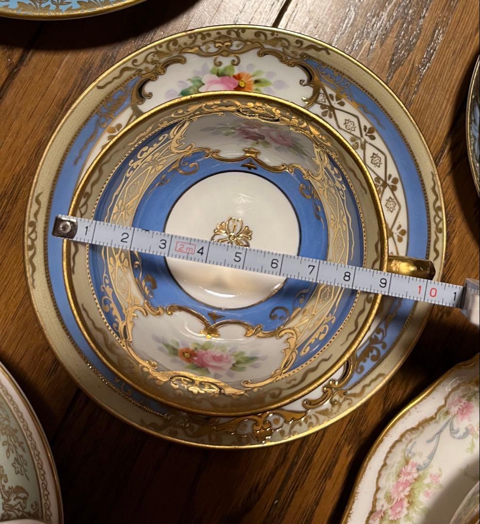 美品　オールドノリタケ　マルキ印　青と薔薇の装飾　金彩　ティーセット