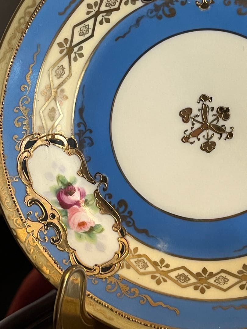 美品　オールドノリタケ　マルキ印　青と薔薇の装飾　金彩　ティーセット