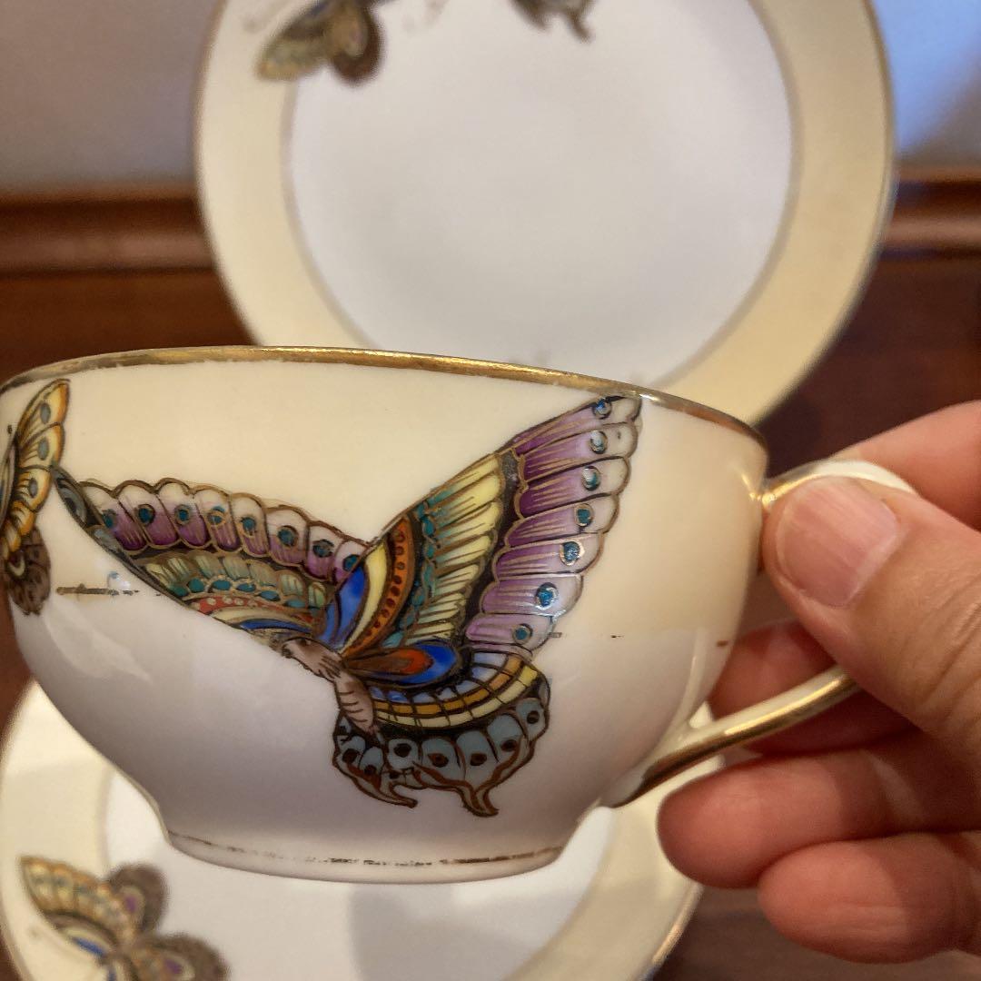 オールドノリタケ　蝶トリオ　カップ&ソーサー&ケーキ皿