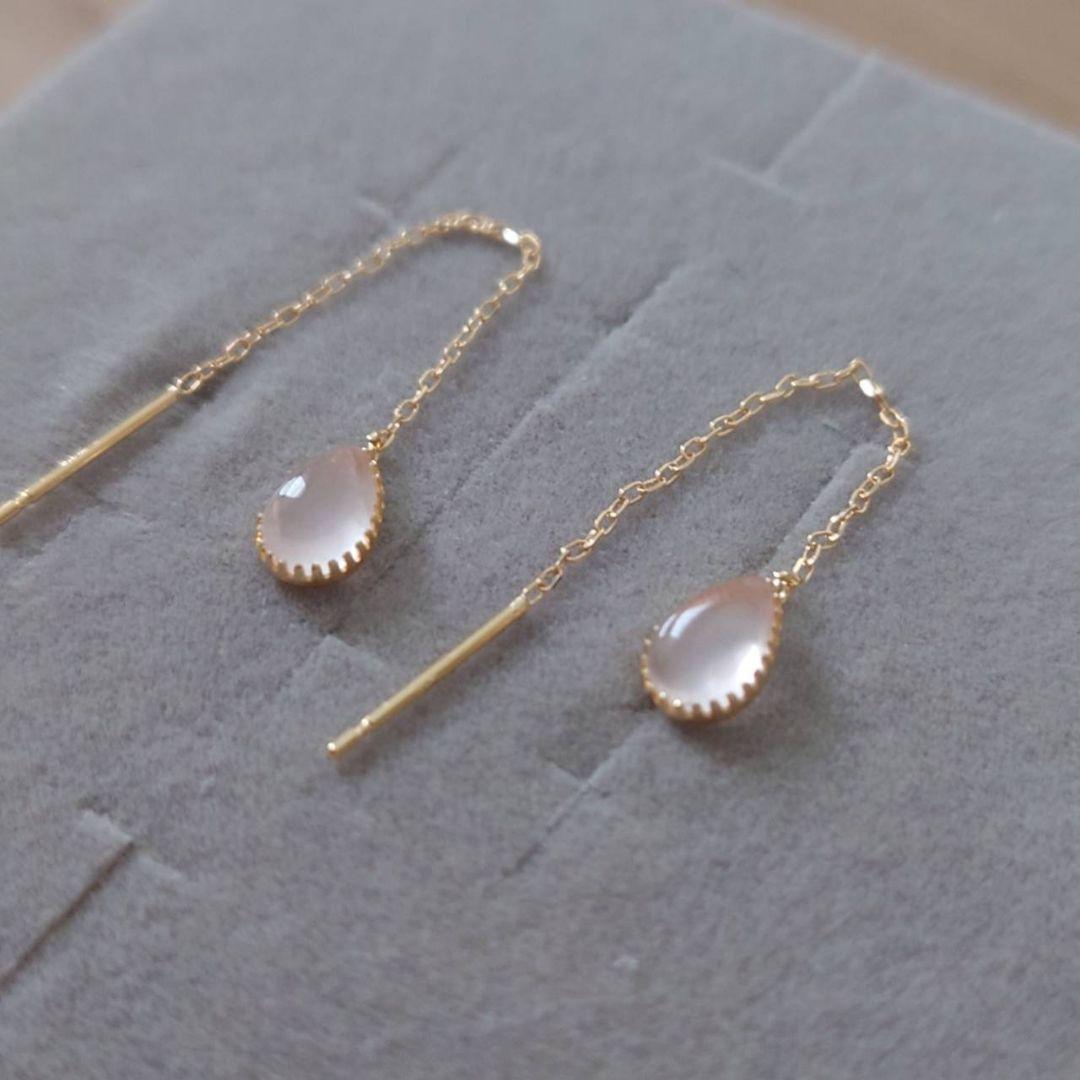 未使用　ローズクォーツ　アメリカンピアス　K18　イエローゴールド