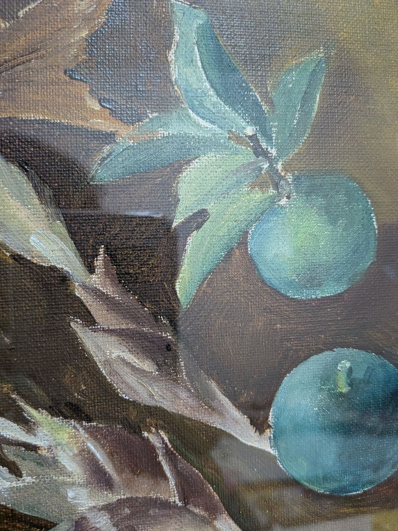 油絵「鮎２匹皿上並びにスダチ」昭和時代頃額サイズ横幅５７Ｘ縦４８Ｘ厚さ５額装品