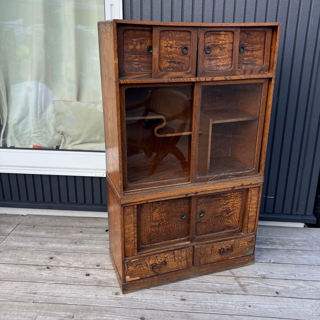 昭和レトロ 茶箪笥 飾り棚 ガラス扉 サイドボード 古家具 古民家ビンテージ