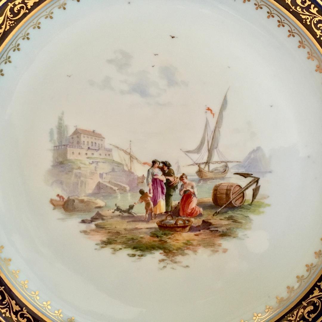 古マイセン 金彩 オランダ港湾風景 コバルト地 透かし絵皿 直径 23.5cm