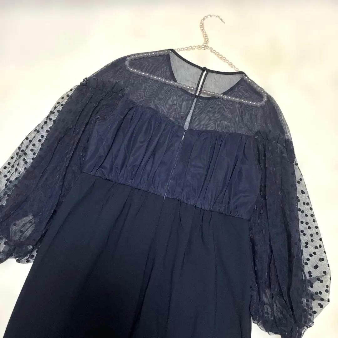 美品【ANDRESD】フロッキードットパンツドレス ネイビー L