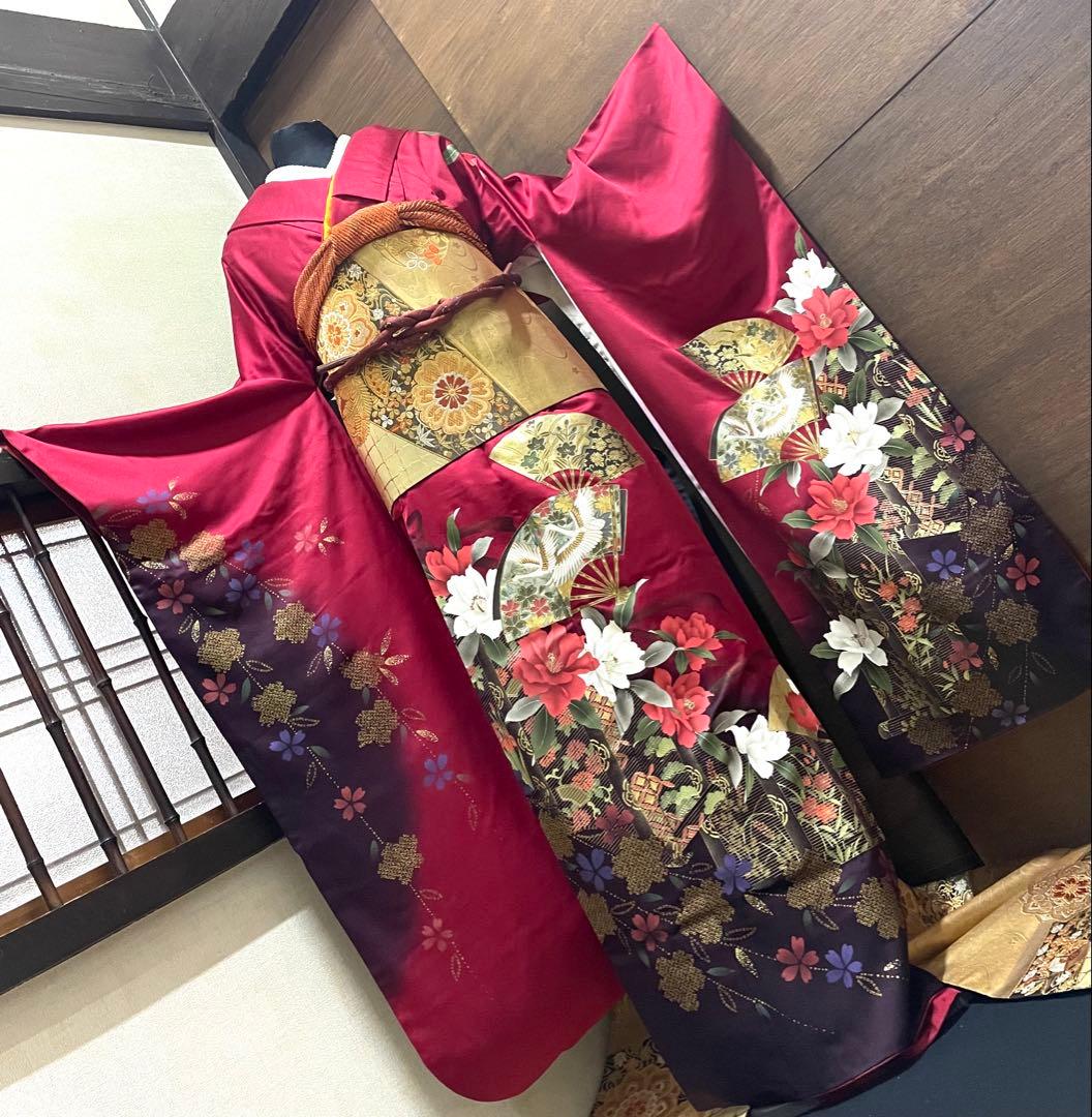 振袖フルセット6点サイズM〜L正絹 扇面鶴飛文　売り切り終了