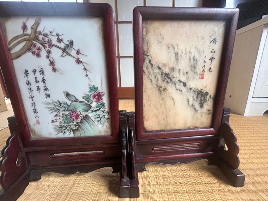中国屏風。鳥と花の絵柄の木製フレーム2枚セット