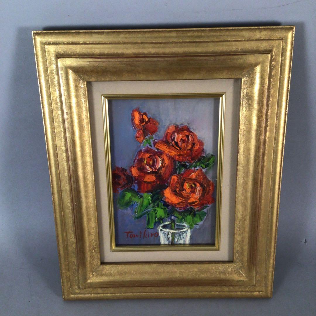 No3888 額装　真作　金原富広「バラ」　2000年 油彩画　裏書有 送料無料