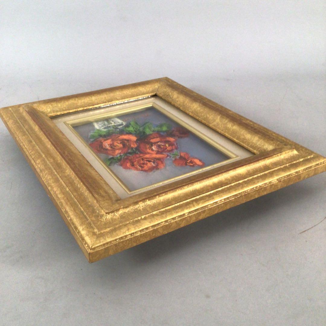 No3888 額装　真作　金原富広「バラ」　2000年 油彩画　裏書有 送料無料