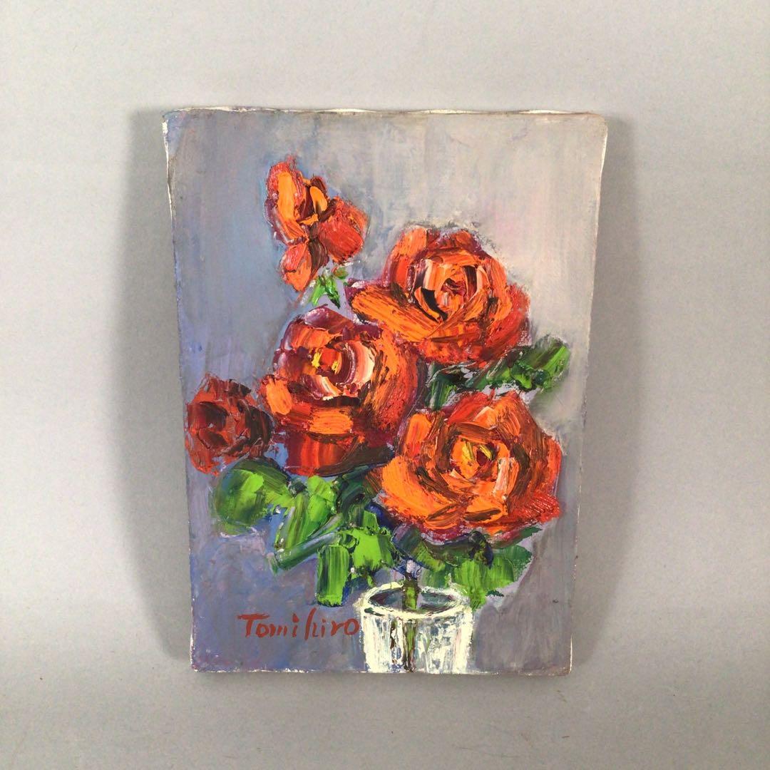No3888 額装　真作　金原富広「バラ」　2000年 油彩画　裏書有 送料無料