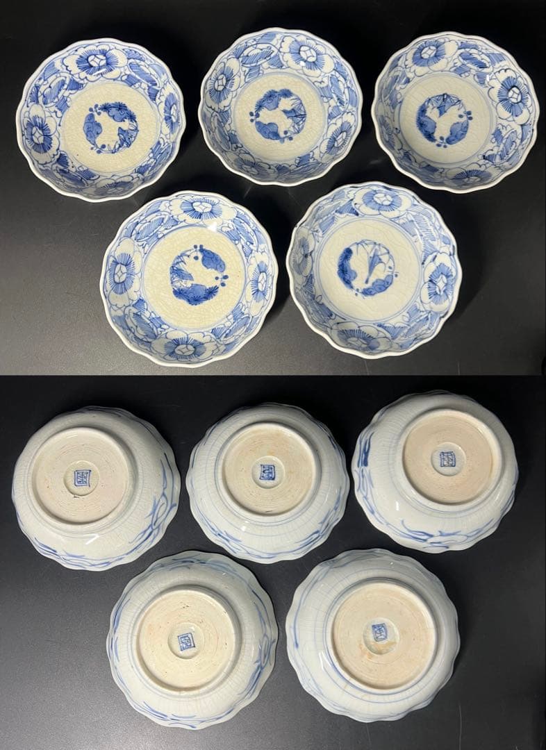 明治期 染付 松竹梅図 なます皿 5客揃 白磁 貫入◎古道具庵々