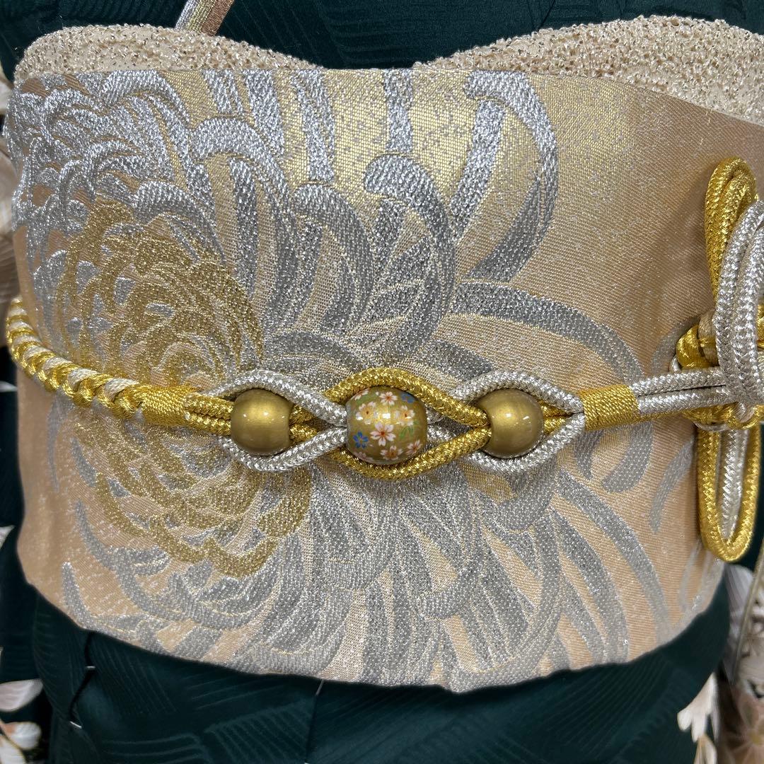 深緑色の豪華な牡丹に松竹梅の古典振袖フルセット(ガード加工・着物バック・髪飾り)