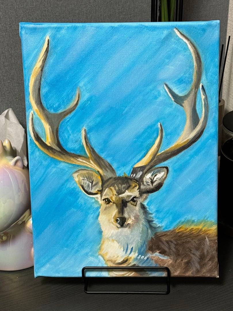 「牡鹿」　手描き　油絵　風景画　原画　動物