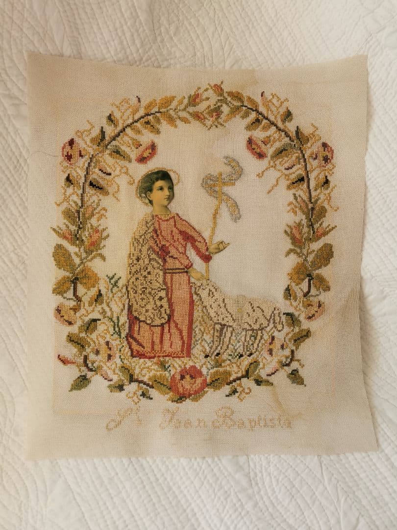 アンティーク 洗礼者聖ヨハネと羊プチポワン 薔薇朝顔菫ニードルポイント 麻布付