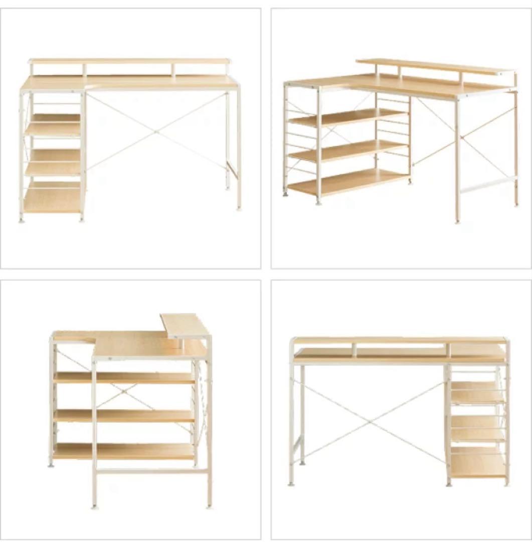 【美品】L字型パソコンデスク ディスプレイ棚付き ナチュラルカラー