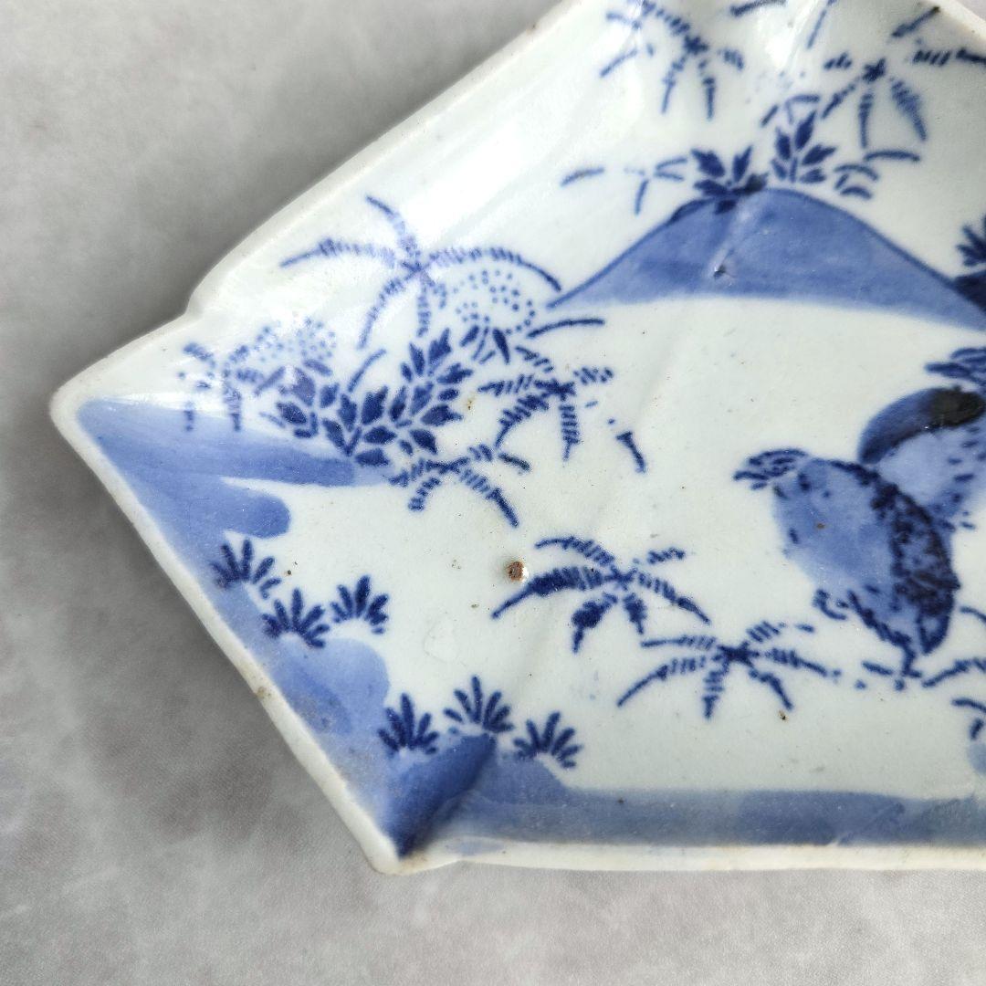 古伊万里　染付小皿　型紙摺　印判　鶉　上手　型物　骨董品　アンティーク　金継ぎ