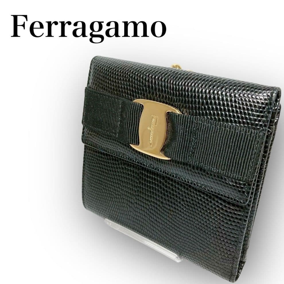 サルヴァトーレフェラガモ ★美品 三つ折り財布 ヴァラリボン がま口 ブラック
