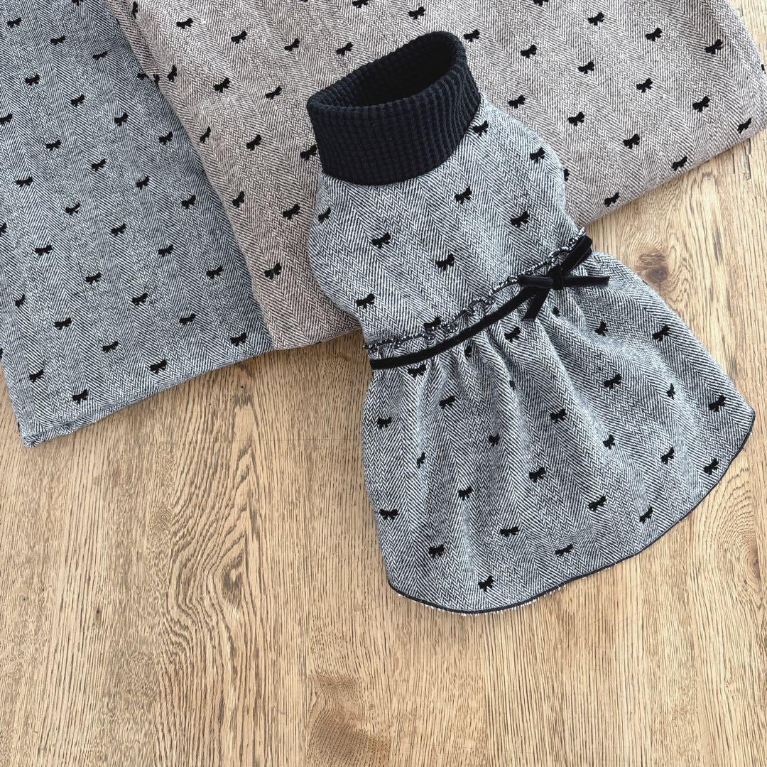 ハンドメイド　ヘリンボーンツイードリボン　ハイネックワンピース