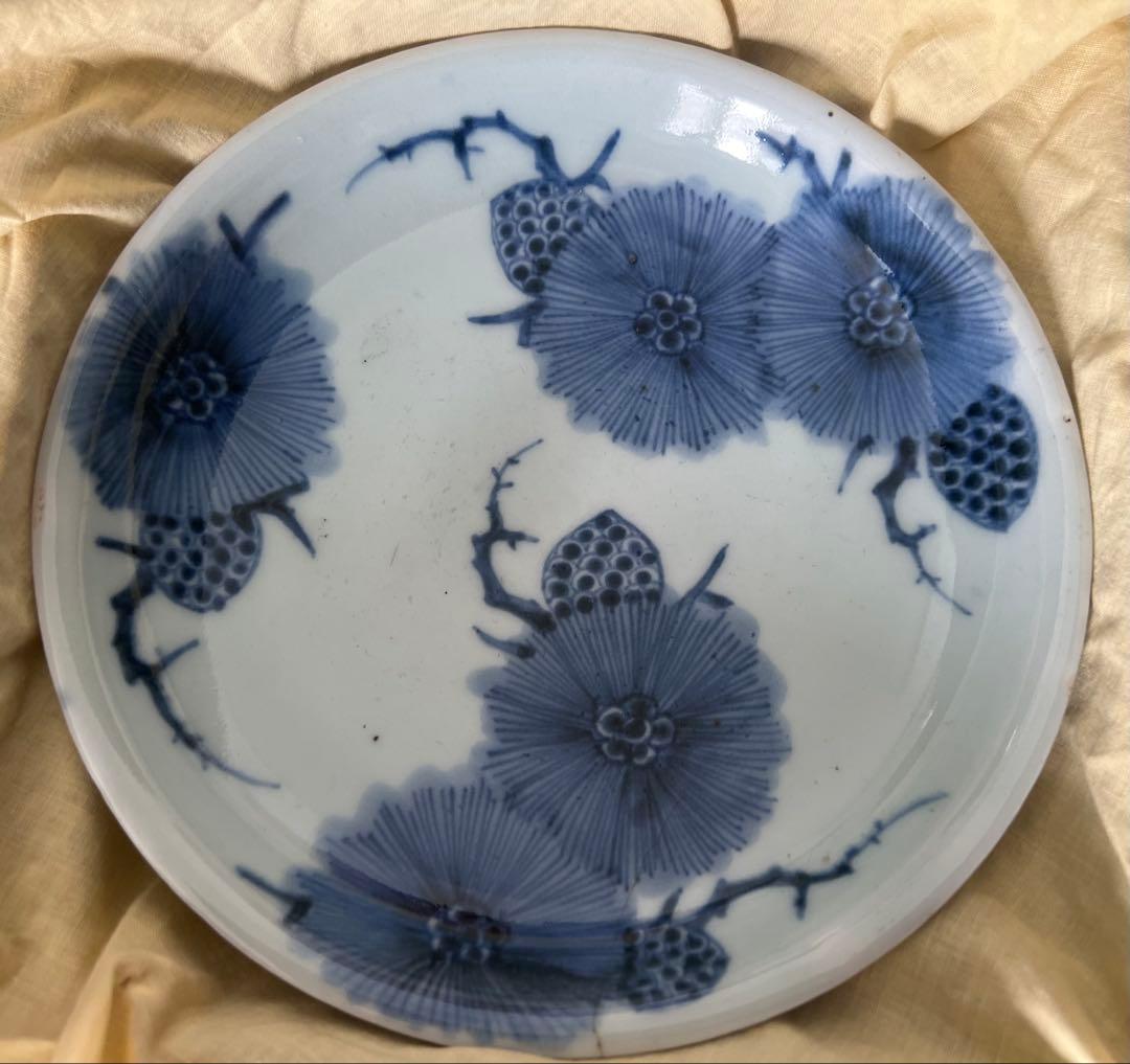 古伊万里 染付松図中皿 江戸中期頃 箱付き 骨董品 年代物 アンティーク