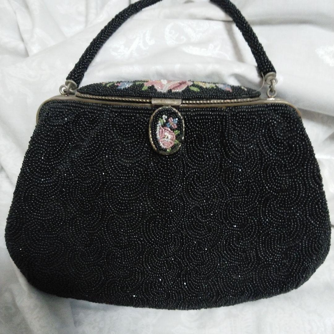 中古　レトロ　ビーズ　バック　インテリア　鏡有　ビーズ解れ有　クラッチ　タイプ