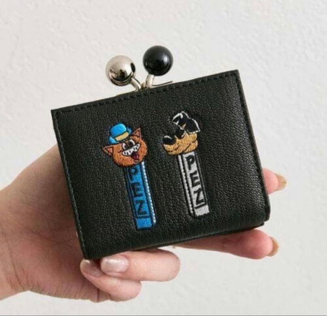 【超美品】PEZキャラクター刺繍 三つ折り財布 ブラック