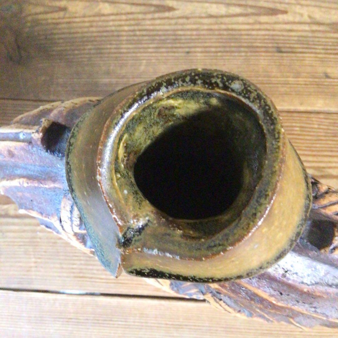 No3660  草文扁壺　陶芸　民藝　陶磁器　一輪挿し　花器　花入　壺　送料無料