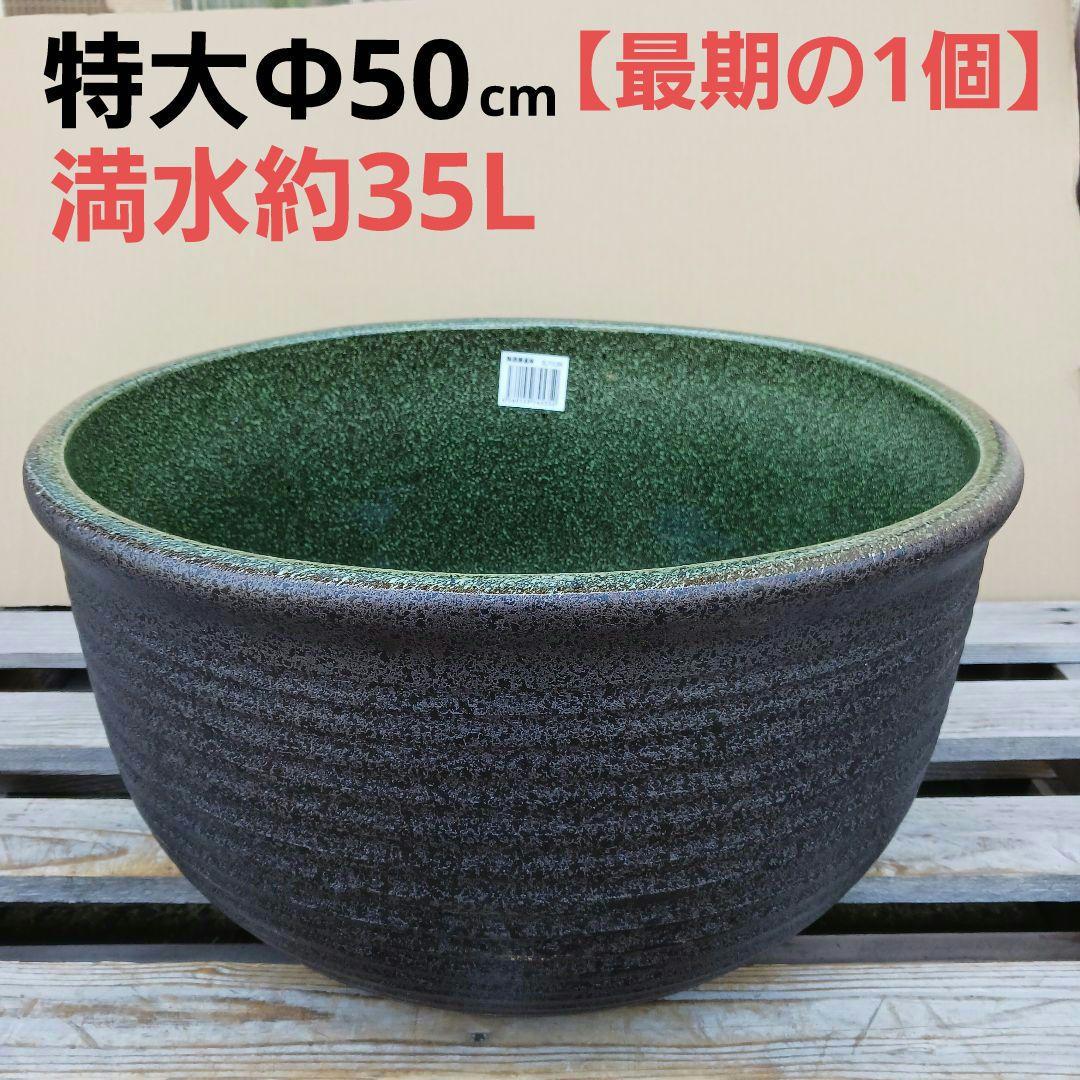 新品　特大50　陶器睡蓮鉢　メダカ鉢　難有　エメラルドグリーン　緑黒　高級LBK