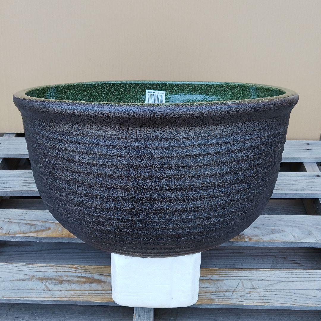 新品　特大50　陶器睡蓮鉢　メダカ鉢　難有　エメラルドグリーン　緑黒　高級LBK