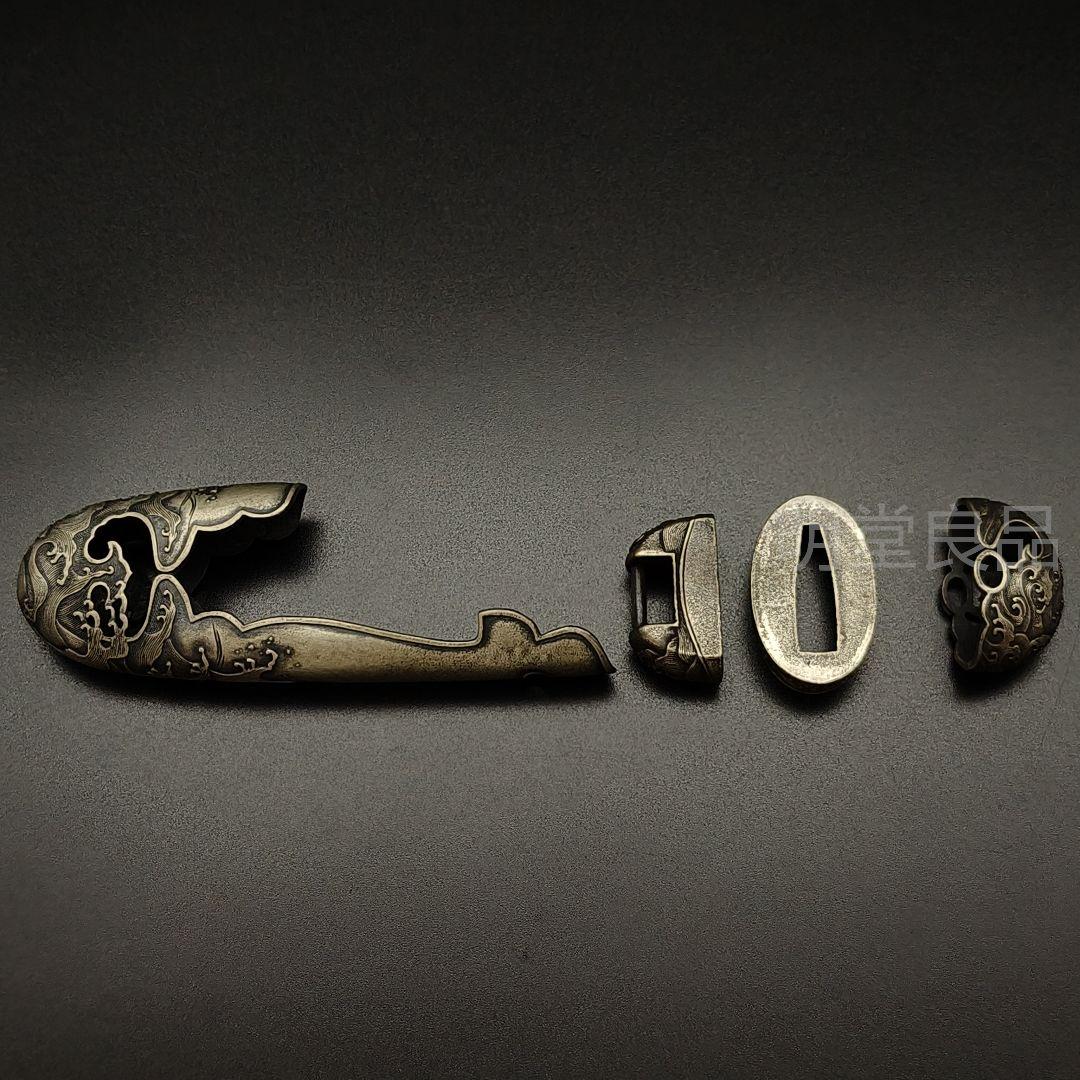 年末セール　柄鞘一式金具　縁頭　栗形　鐺　海波の図　突兵拵　銅製　日本刀装具