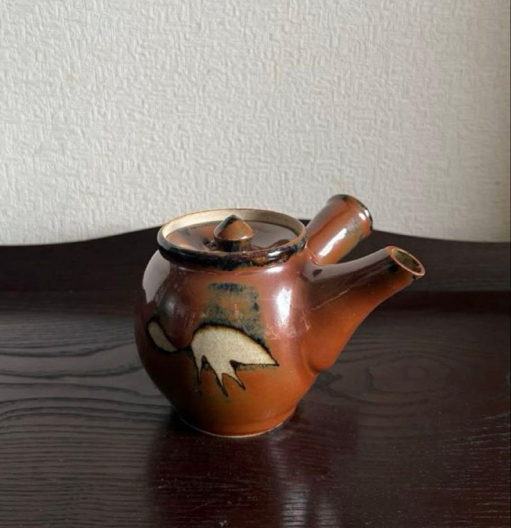 民藝 古作 益子焼 柿釉 抜絵 茶器揃 急須 湯呑み4客 古民藝 民芸