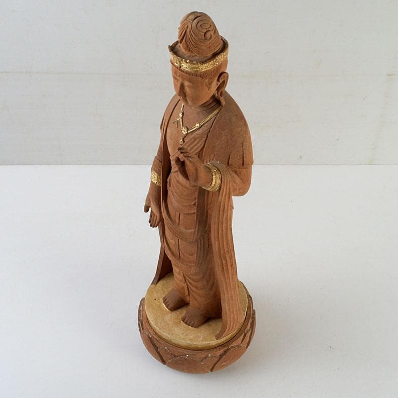 仏教美術　芳正作　木彫塗金　観音立像　仏像　置物　V　9405